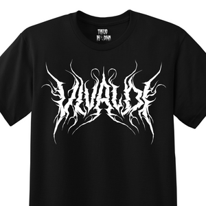 Black t-shirt with a white heavy metal-style logo for the classical composer Vivaldi. Original design by ModBlackmoon.