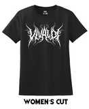 Black t-shirt with a white heavy metal-style logo for the classical composer Vivaldi. Original design by ModBlackmoon.