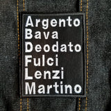 Rectangular white on black embroidered patch with a list of names of classic Italian directors of horror and giallo movies.