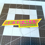 A sharp angled rectangular embroidered patch in neon green, pink, and yellow that says, 'Sexually mediocre'.